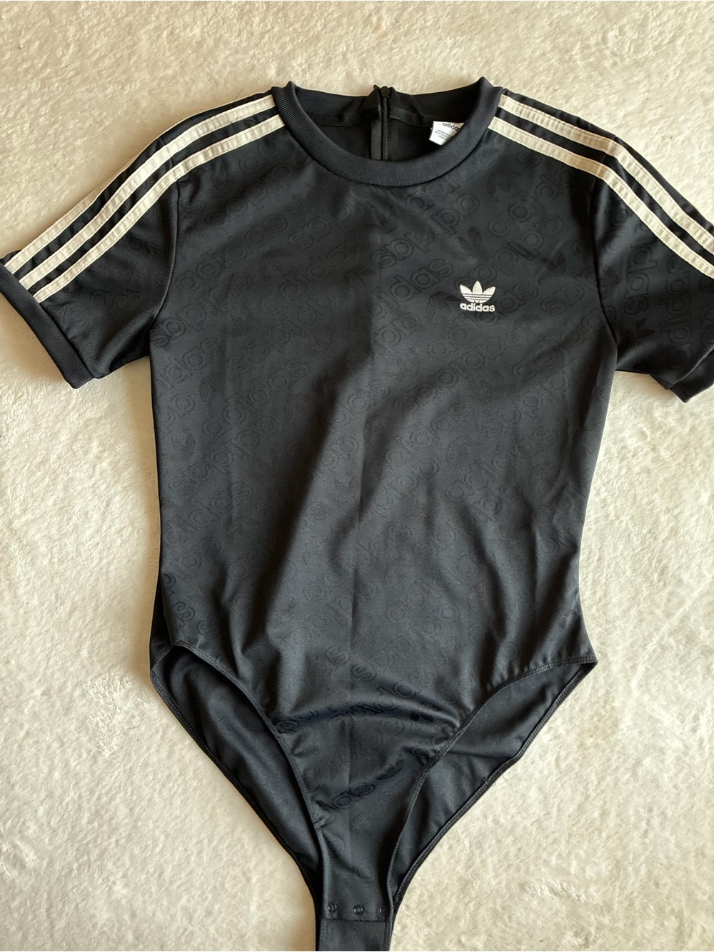 adidas Black Short-Sleeve Logo Bodysuit with White Stripes